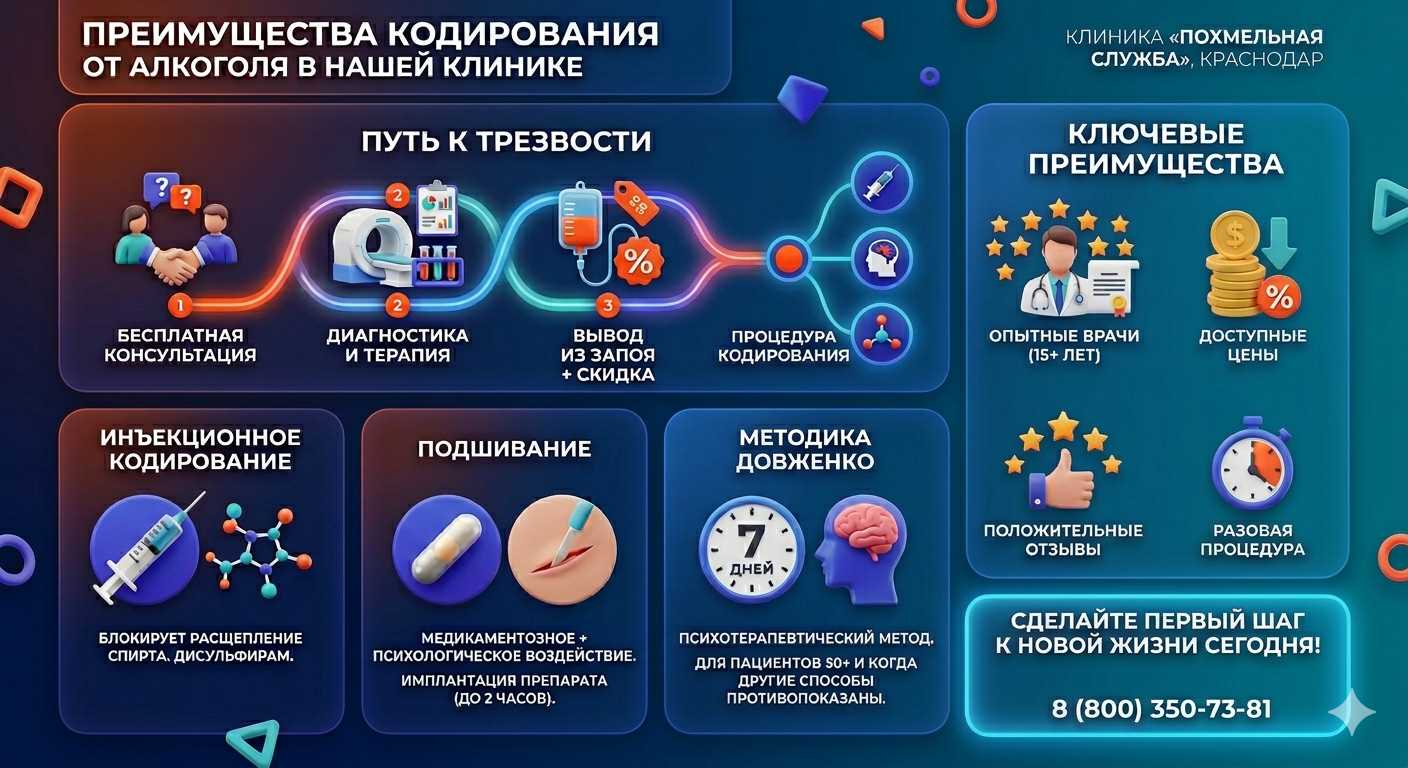 Инфографика о методах кодирования от алкоголя в Аркадаке: инъекции, подшивание, метод Довженко. Преимущества клиники и этапы лечения.
